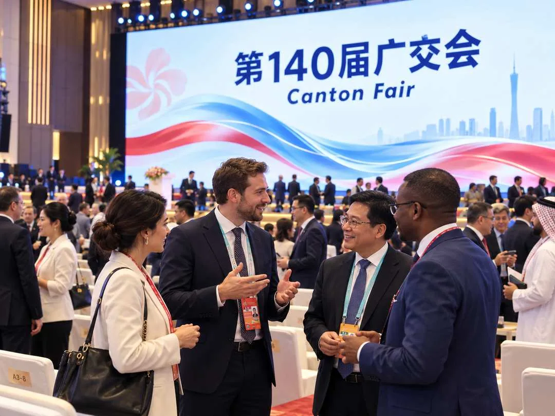 Business networking scene beneath a 140th Canton Fair banner