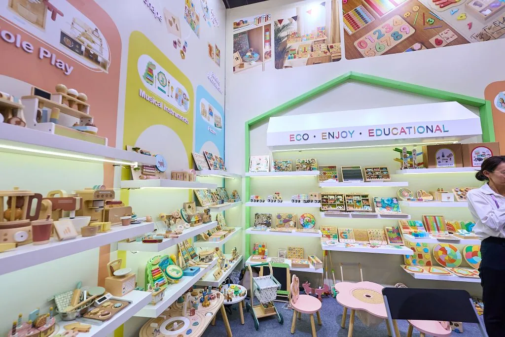 Educational toy showroom with wooden toys and product displays